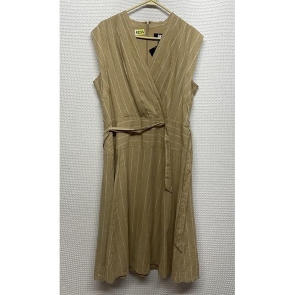 NWT DKNY Surplice Khaki Beige Tie Waist Maxi Dress Women 12 Vietnam Linen/Cotton